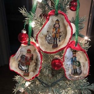 Handmade, red, nutcracker, oyster shell ornaments